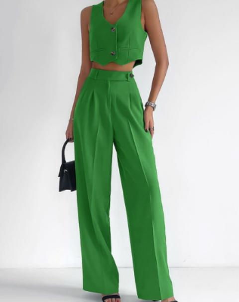 Conjunto dama Esmeralda chaleco corto pantalon elefante - Verde